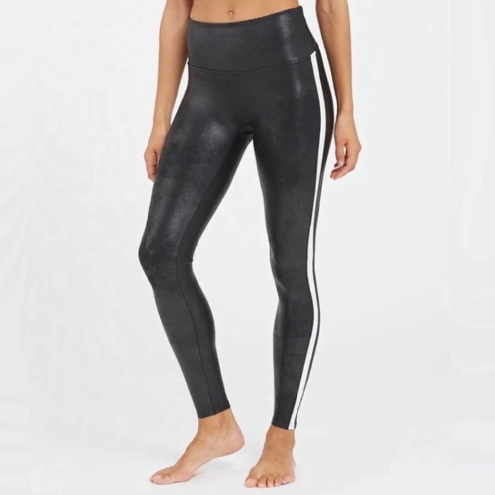 SPANX Black White Side Stripe Faux Leather Shape Legging Pants Size 3X - Picture 1 of 11